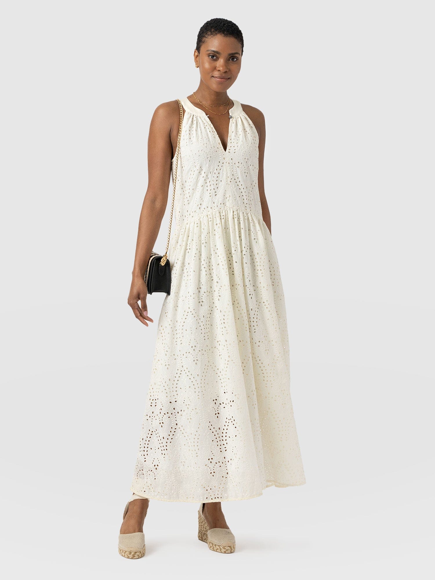 Zoey Halter Neck Dress - White Broderie